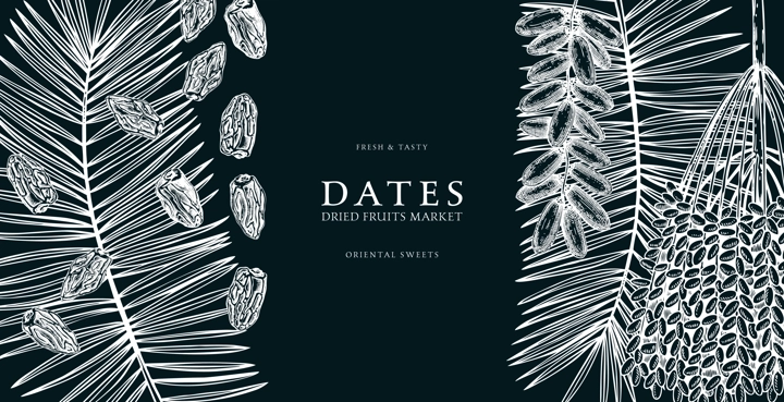 Hand drawn border design with date palm leaves and ripe fruit illustrations. Healthy food ingredients sketches isolated on chalkboard. Oriental sweets vector background. Vintage dried dates background